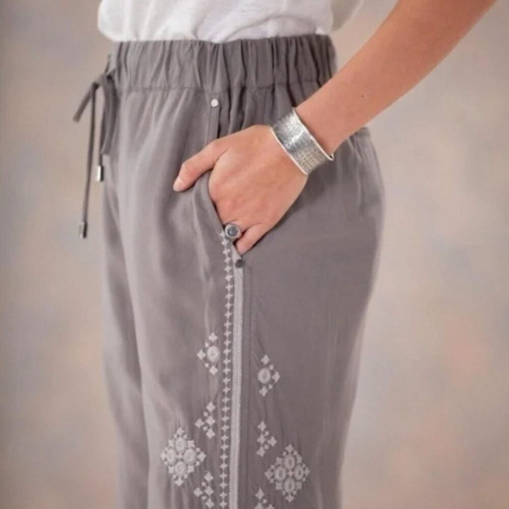Sundance Tone It Up Embroidered Pull On Pants Taupe Medium Boho Resort Coastal - Picture 3 of 11